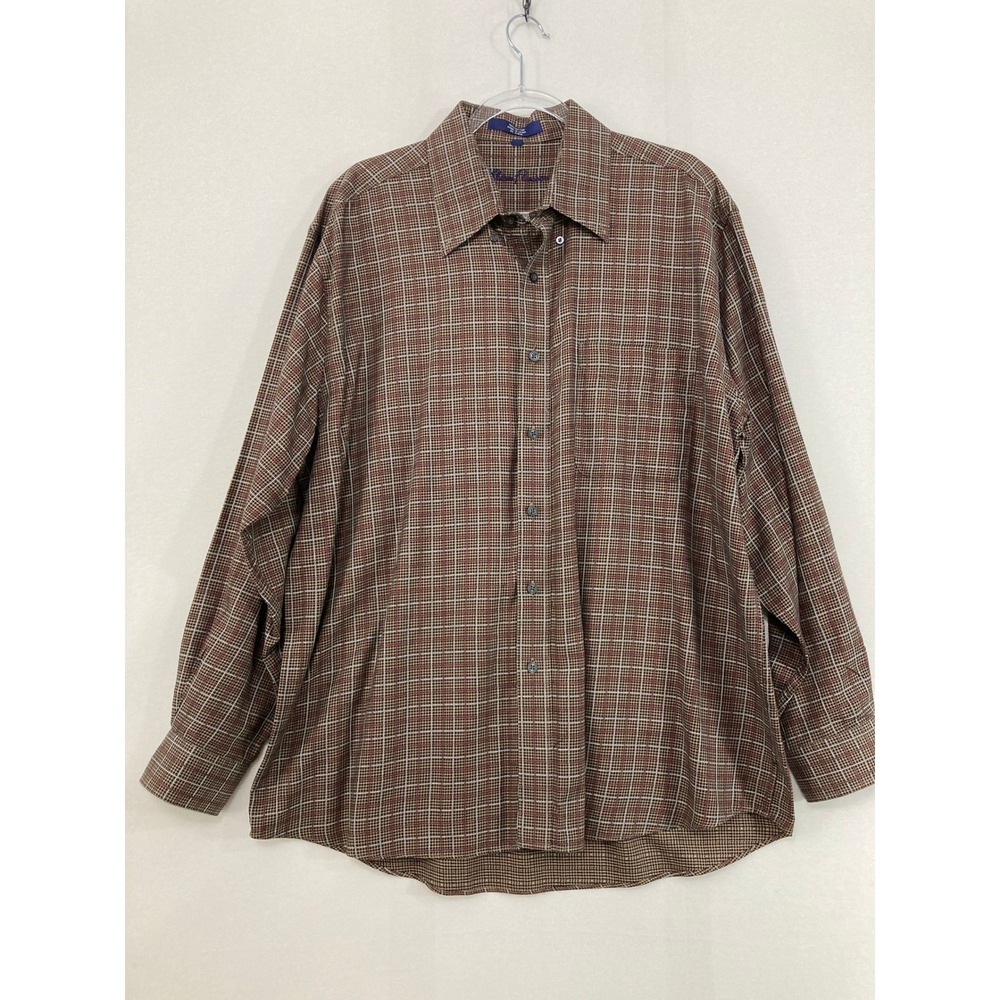Alan Flusser Button Down Shirt XL Brown Plaid Houndstooth Cotton Long Sleeve